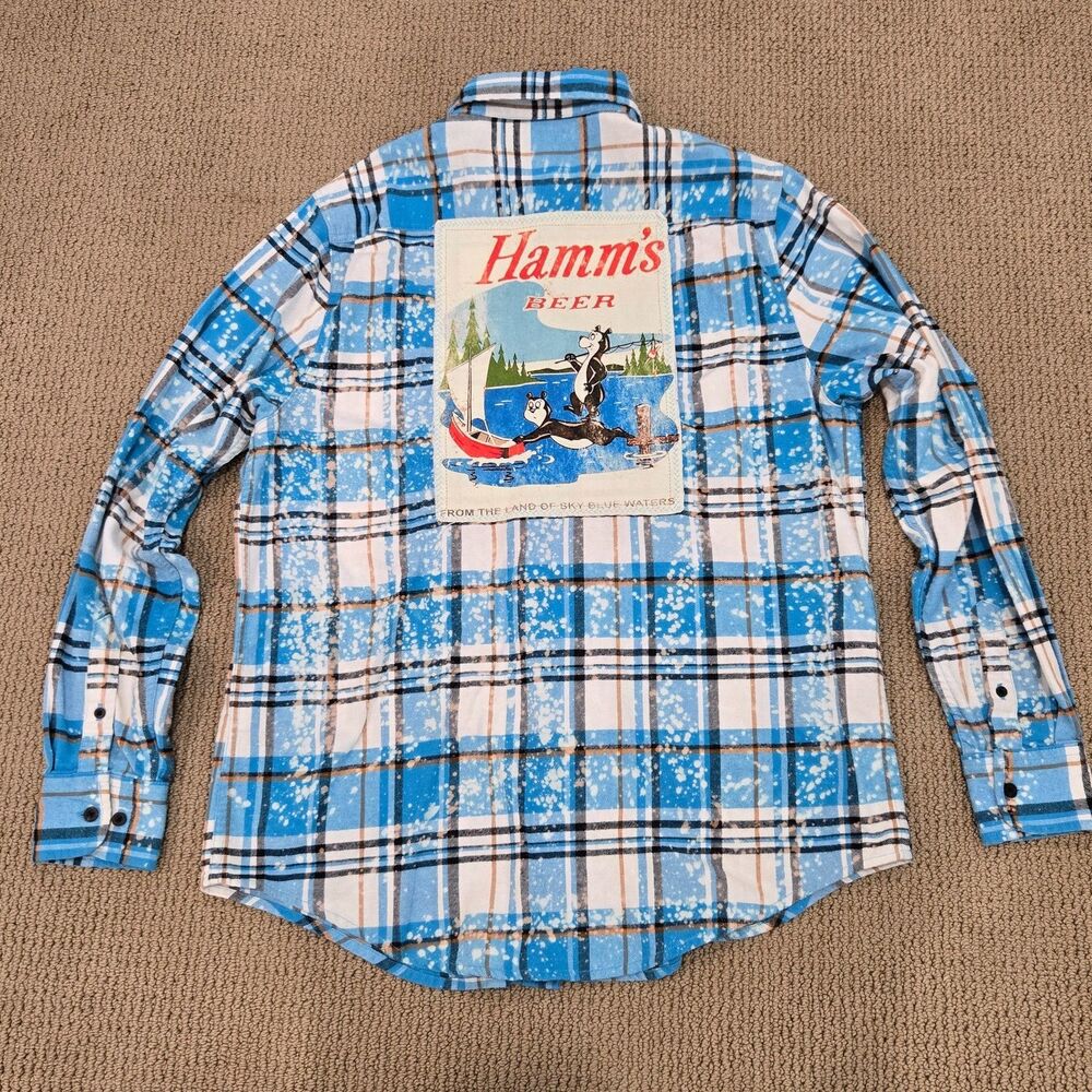 Angry Minnow Mens L Flannel Hamm's Beer Blue Plaid Button-Up‎ Casual Shirt Cabin